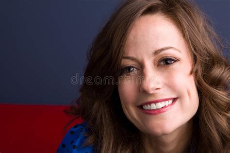 Happy Woman Sitting In A Red Chair Stock Photo Image Of Women