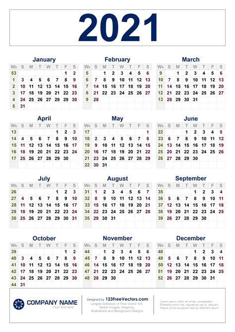 Yearly Calendar Week Numbers 2021