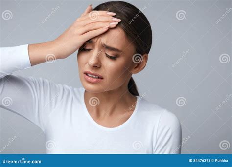 Health Care Beautiful Woman Suffering From Head Pain Headache Stock