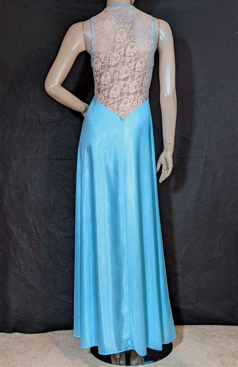 Vintage Glydons Blue Tie In Front Lace Back Lingerie Dress Nightgown
