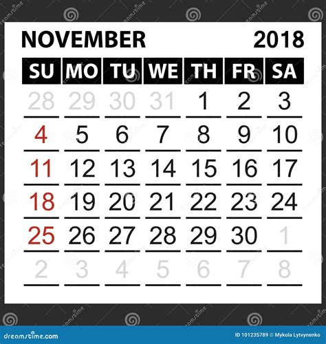 Calendar Sheet November 2018 Stock Vector Illustration Of Monthly