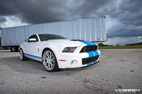 Unique Look Of Tuned White Ford Mustang Shelby With Blue Stripes