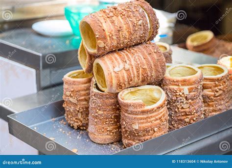 Trdelnik Traditional Czech Hot Sweet Pastry Sold In The Streets Of
