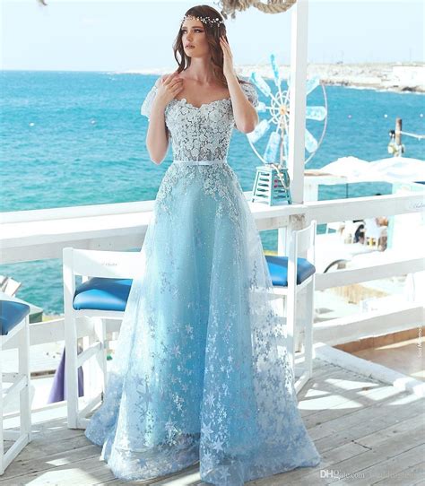 Light Sky Blue Lace Beaded Prom Dresses Off The Shoulder A Line