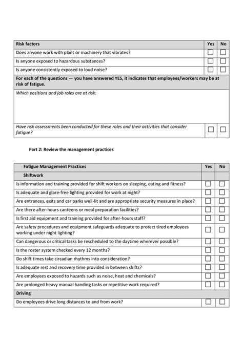 Fatigue Management Checklist In Word And Pdf Formats Page 2 Of 3