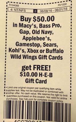 Check spelling or type a new query. H-E-B Promotion: Buy $50 In Gift Cards (GameStop, Macy's, Gap, Kohl's, Sears & More) Receive $10 ...