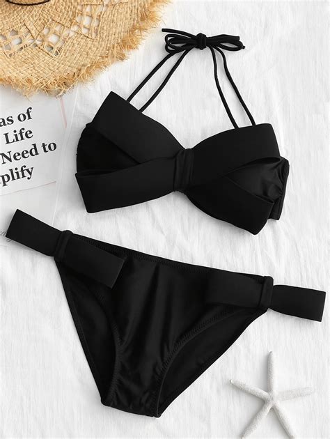 Bowknot Bandeau Low Waisted Bikini Set Black 3s50416218 Size S