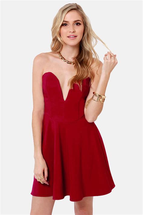 Sexy Strapless Dress Wine Red Dress Low Cut Dress 4000 Lulus