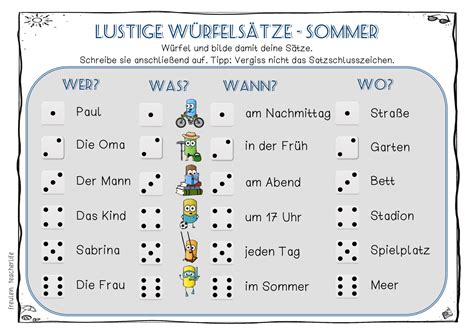 Das Würfeln ergibt lustige Satzteile, die miteinander zu vollständigen