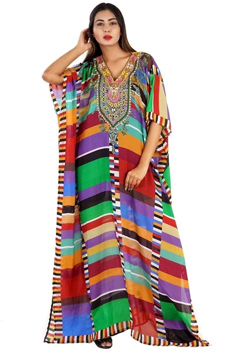 Colorful Beaded Silk Kaftan Embellished With Crystals Beads Patch Work Near Neckline Silk