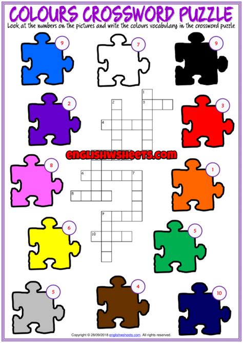 Colours Esl Printable Crossword Puzzle Worksheet For Kids