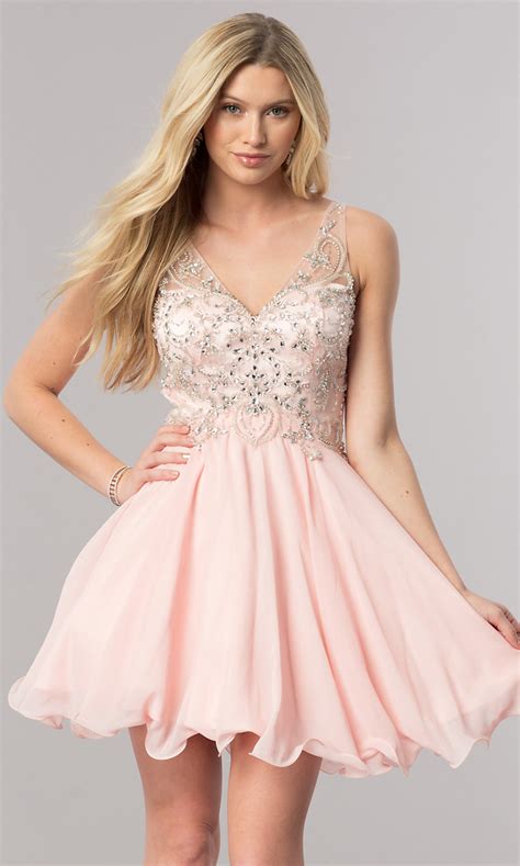Short & flirty prom dresses for any style. Jeweled-Bodice V-Neck Short Homecoming Dress -PromGirl