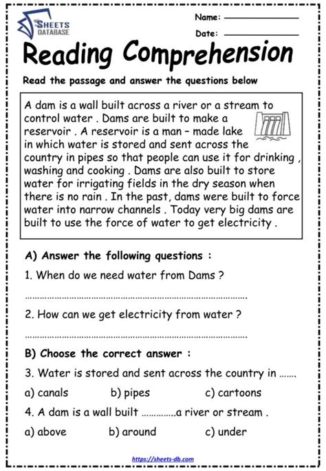 Reading Comprehension Passages For 3rd Grade Sheets