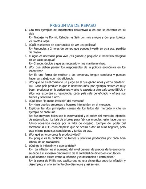 Ejercicio Y Preguntas De Repaso De Microeconomia Preguntas De Repaso