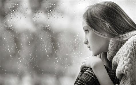 Rainy Day Sad Girl On The Window Black And White Stock Image Image