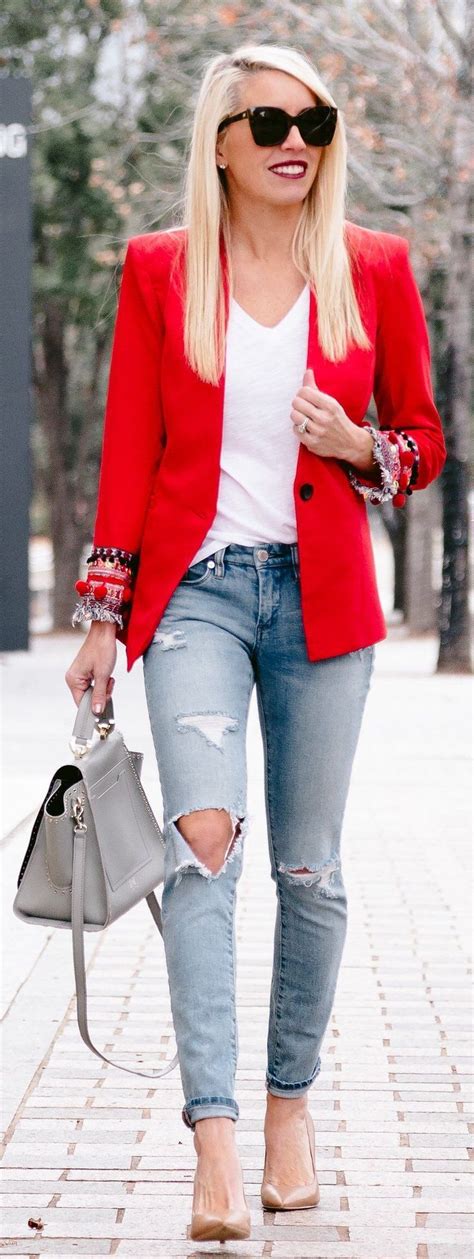 11 inspiring ways to wear your red blazer right now blazer jeans look blazer red jeans outfit