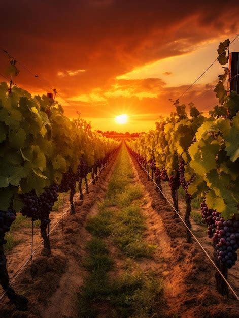 Premium Ai Image A Sunset Over A Vineyard With Grapes