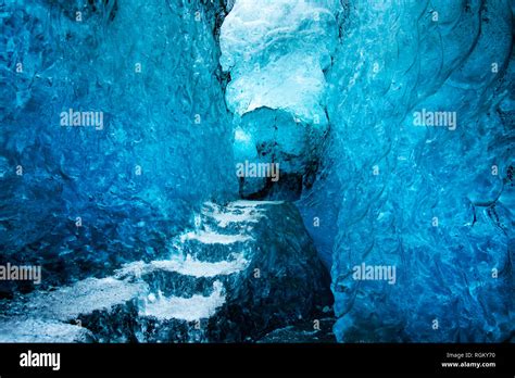 Blue Ice Cave Interior In Iceland On Vatnajokull Glacier Stock Photo