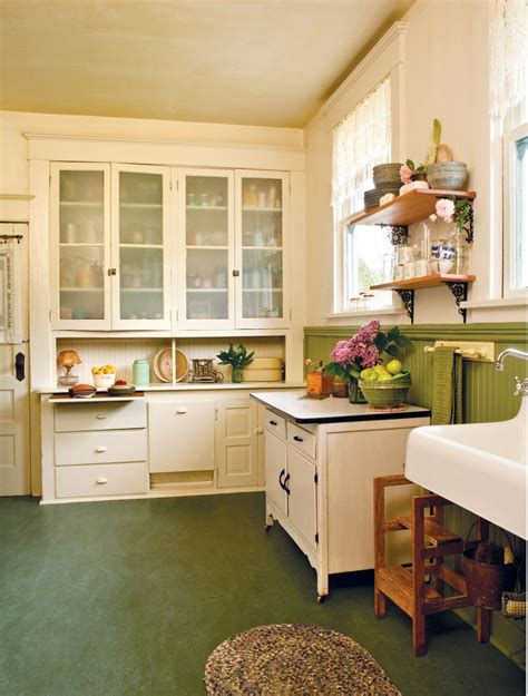 Green Marmoleum Flooring And Painted Wainscot End In Original Cabinets