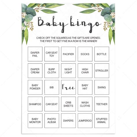 Greenery Baby Shower Game Baby Bingo Printable Instant Download