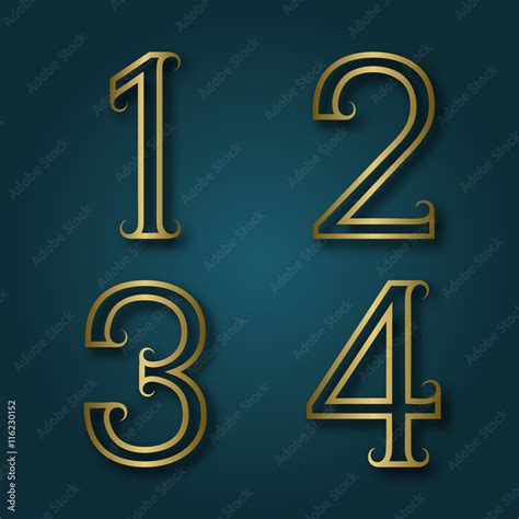 One Two Three Four Shiny Golden Numbers With Shadow Outline Font