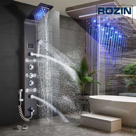 led light shower faucet bathroom waterfall rain black shower panel in wall shower system with