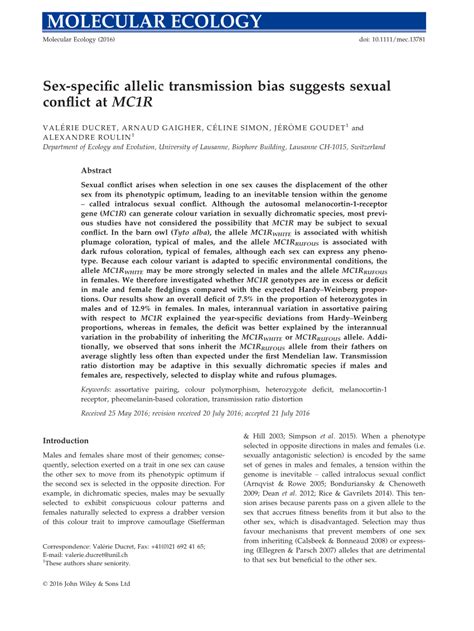 Pdf Sex‐specific Allelic Transmission Bias Suggests Sexual Conflict At Mc1r