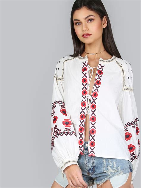 Floral Embroidered Peasant Top White Sheinsheinside