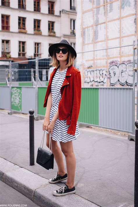 Polienne By Paulien Riemis Wearing A Maje Suede Bikerjacket Zara Stripe Dress Ysl Bag In
