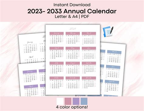 Year Calendar Annual Calendar Template 2023 2033 Printable Planner