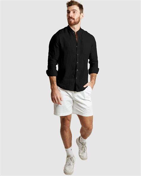 Palma Black Mandarin Collar Linen Shirt Casual Fit