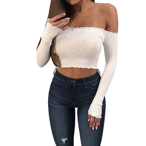 Feitong Women Sexy Off Shoulder T Shirt Solid Tight Long Sleeve Crop