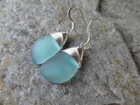 Sea Glass Earrings Cultured Seaglass Blue Colored Beach Glass
