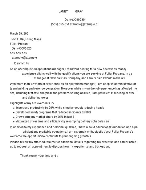 Operations Manager Cover Letter Examples Myperfectresume