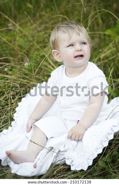Cute Little Girl Sitting Grass Summertime Stock Photo 210172138