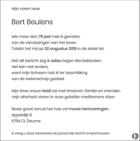 Bert Beulens 30-08-2019 overlijdensbericht en condoleances - Mensenlinq.nl