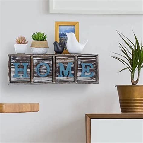 Rustic Wood Home Sign Display Shelf With Block Letter Drawers Floating