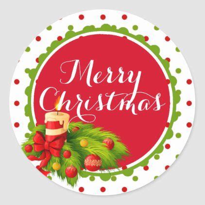 A Merry Christmas Sticker With A Candle And Holly Wreath On The Bottom Surrounded By Polka Dots