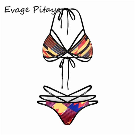 2017 South African Print Sexy Hollow Out Bikini Set Sexy 3 String Thong