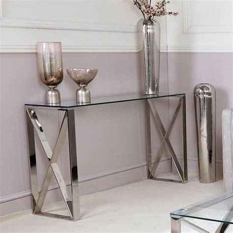 Zenn Contemporary Stainless Steel Clear Glass Console Hall Table Picture Perfect Home