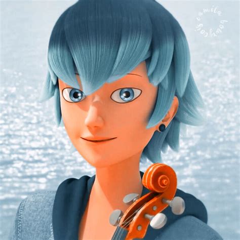 An Animated Woman With Blue Hair Holding A Violin In Her Right Hand And