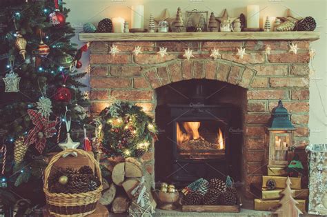 Christmas Setting Fireplace Fur Tree High Quality Holiday Stock