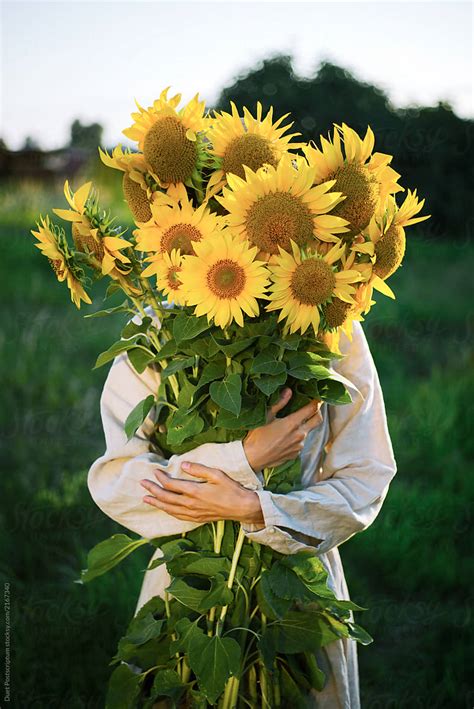 Girl Holding A Large Bouquet Of Sunflowers Del Colaborador De Stocksy