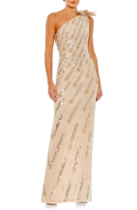 Mac Duggal Rosette Sequin Crystal One Shoulder Gown In Natural Lyst
