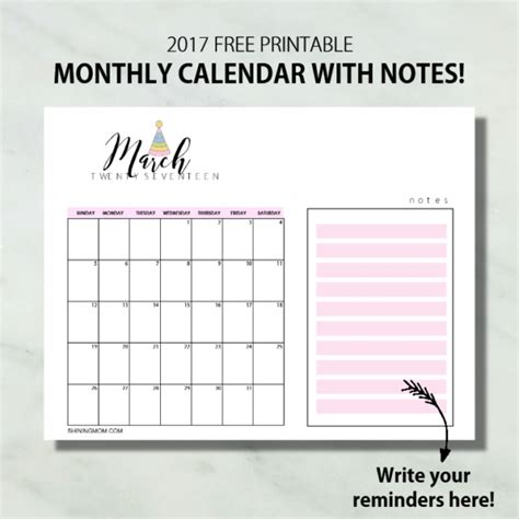 Free Printable Calendars 2017 With Notes