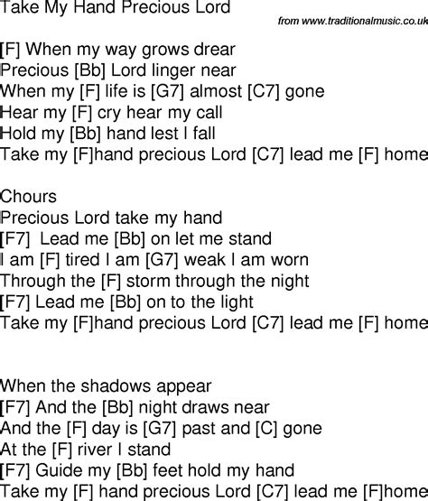 Old time song lyrics with guitar chords for Take My Hand Precious Lord F