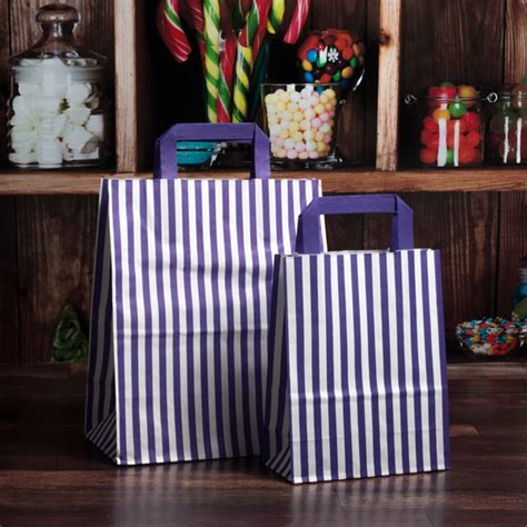 Purple Striped 180mm Paper Carrier Bags In Packs Of 50 Bags From Stock