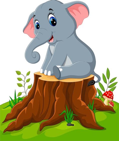 Elefante Lindo Bebé De Dibujos Animados En Tocón De árbol Vector Premium