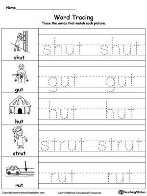 Word Tracing: UT Words | Word family worksheets, Handwriting worksheets