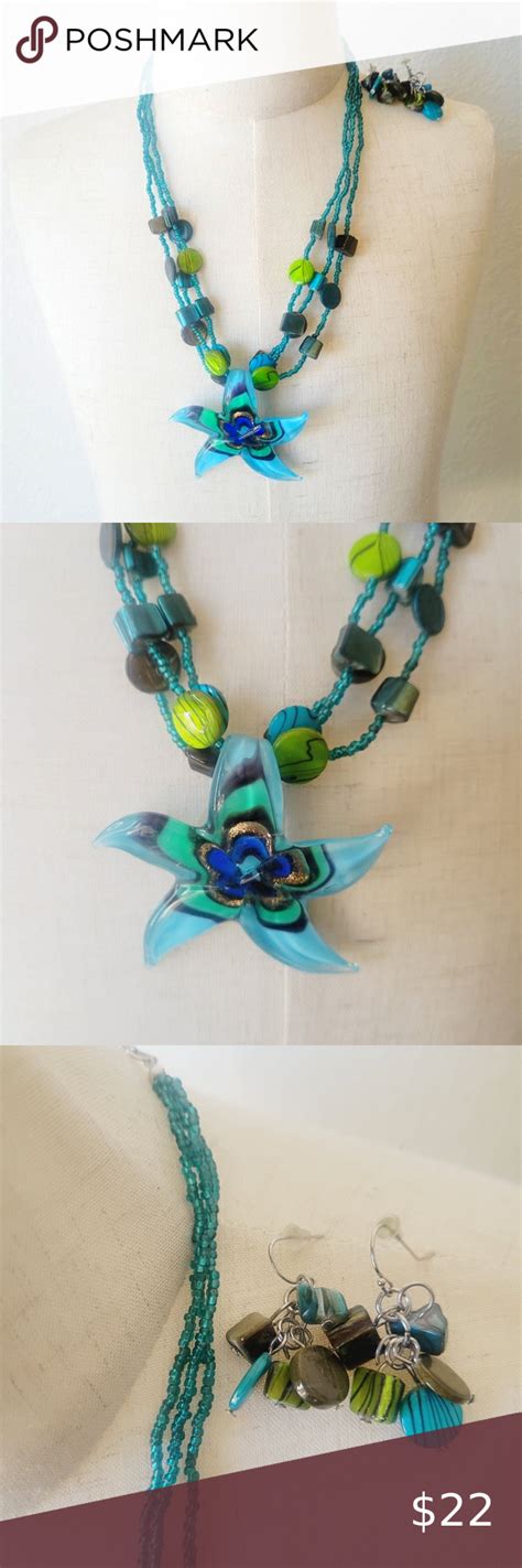 Erica Lyons Glass Blue Green Flower Necklace And Earrings Set Lyons